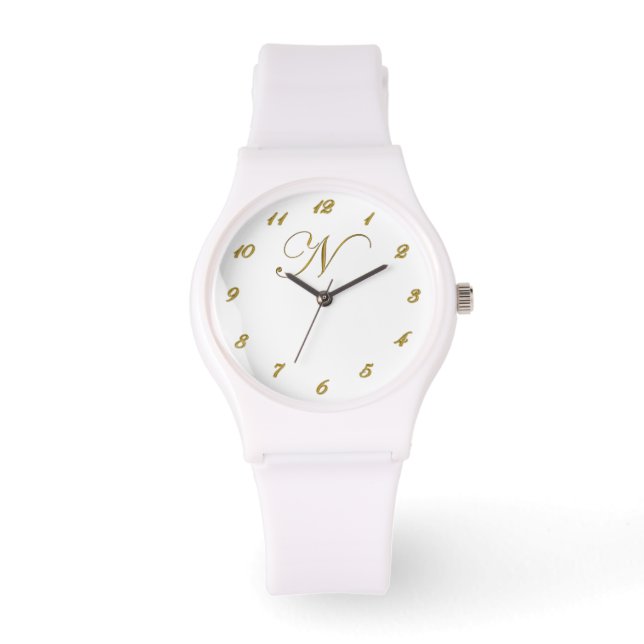 Gold Monogram Initiaal N Horloge met Gold Numbers (Voorkant)