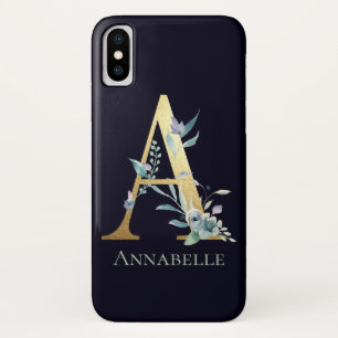 Gold Monogram Letter A Blue Floral op maat Case-Mate iPhone Case