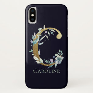 Gold Monogram Letter C Navy Blue Floral Name Case-Mate iPhone Case