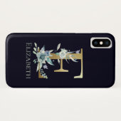Gold Monogram Letter E Blue Roos Floral Name Case-Mate iPhone Case (Achterkant (horizontaal))
