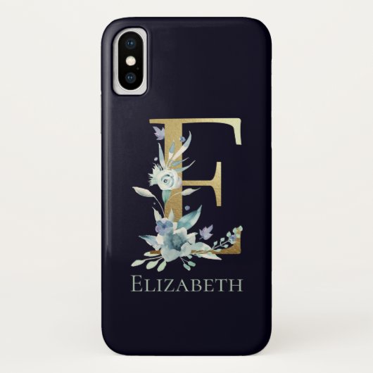 Gold Monogram Letter E Blue Roos Floral Name Case-Mate iPhone Case (Achterkant)