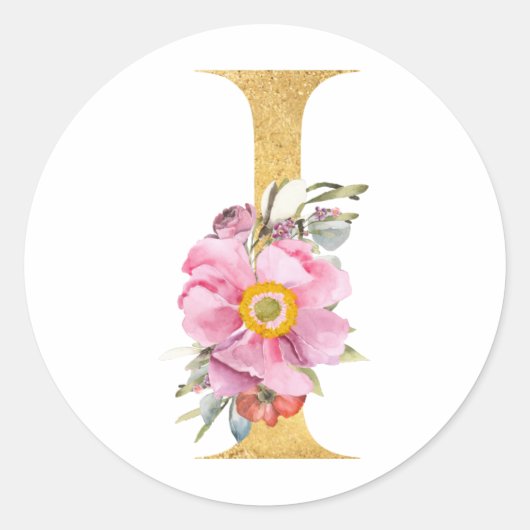 Gold MONOGRAM letter I met bloemen Ronde Sticker (Voorkant)