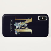 Gold Monogram Letter M Navy Blue Floral Name Case-Mate iPhone Case (Achterkant (horizontaal))