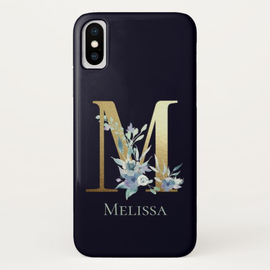 Gold Monogram Letter M Navy Blue Floral Name Case-Mate iPhone Case (Achterkant)