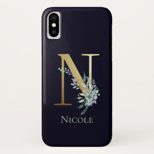 Gold Monogram Letter N Navy Blue Floral Name Case-Mate iPhone Case