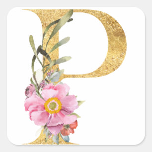 Gold MONOGRAM letter P met bloem Vierkante Sticker