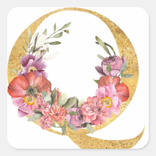 Gold MONOGRAM letter Q met bloem Vierkante Sticker (Voorkant)