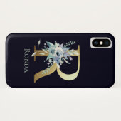 Gold Monogram Letter R Navy Blue Floral Name Case-Mate iPhone Case (Achterkant (horizontaal))