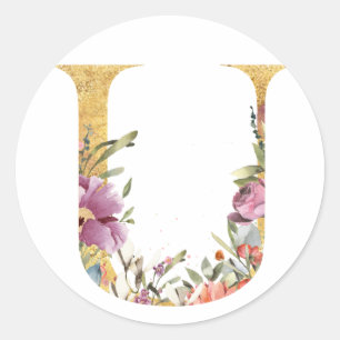 Gold MONOGRAM letter U met bloem Ronde Sticker
