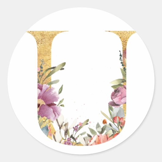 Gold MONOGRAM letter U met bloem Ronde Sticker (Voorkant)