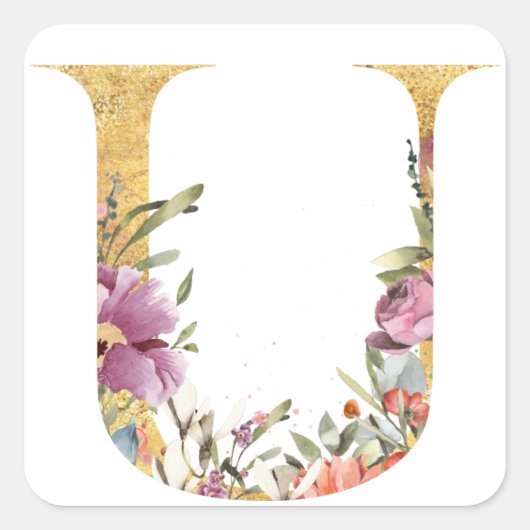 Gold MONOGRAM letter U met bloem Vierkante Sticker (Voorkant)