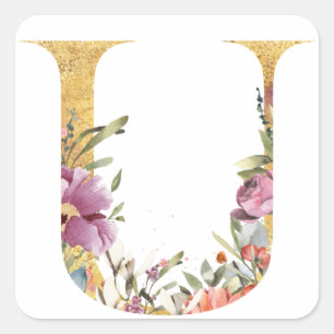 Gold MONOGRAM letter U met bloem Vierkante Sticker