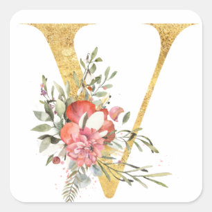 Gold MONOGRAM letter V met bloem Vierkante Sticker