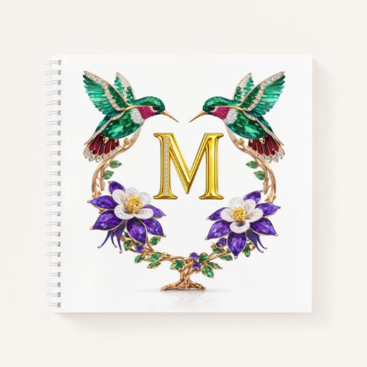 Gold Monogram M Hummingbird Jeweled Wedding Notitieboek (Voorkant)
