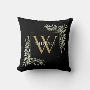 Gold Monogram Modern Greenery Foliage Black Kussen