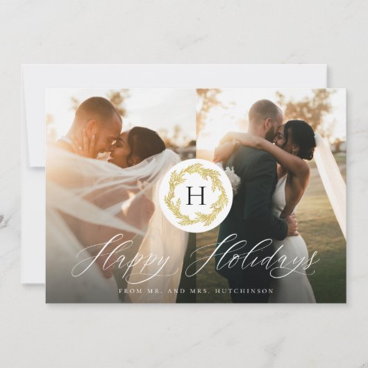 Gold Monogram Mr. en Mrs. Passen getrouwd 2 Foto H Feestdagenkaart (Voorkant)