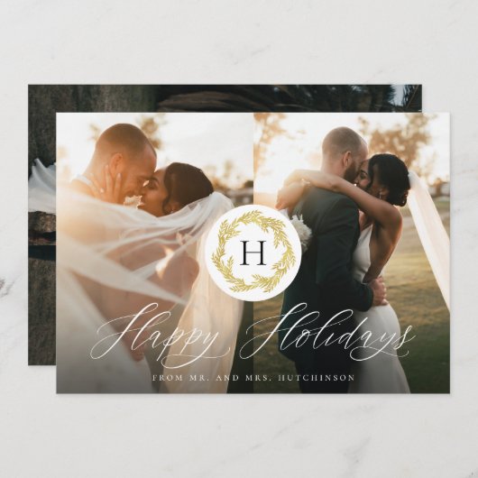 Gold Monogram Mr. en Mrs. Passen getrouwd 2 Foto H Feestdagenkaart (Voorkant / Achterkant)