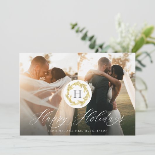 Gold Monogram Mr. en Mrs. Passen getrouwd 2 Foto H Feestdagenkaart (Staand voorkant)
