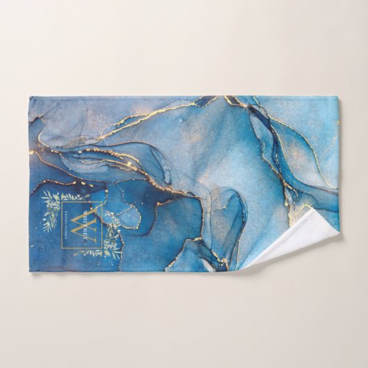 Gold Monogram naam Greenery Blue Agate Geode Bad Handdoek (Handdoek)