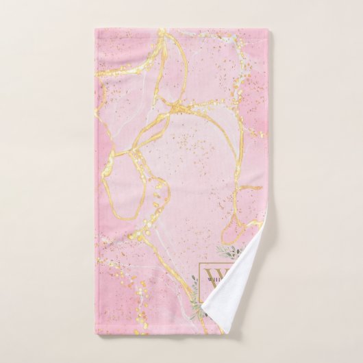 Gold Monogram naam Greenery Pink Agate Geode Bad Handdoek (Handdoek)