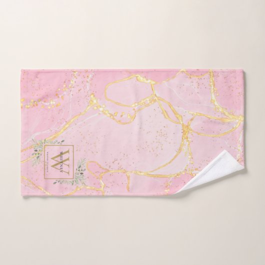 Gold Monogram naam Greenery Pink Agate Geode Bad Handdoek (Handdoek)