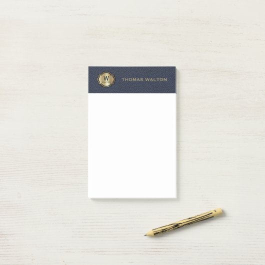 Gold Monogram Navy Blue Leather Look Elegant Post-it® Notes (Op bureau)