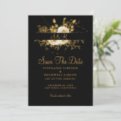 Gold Monogram op Black Bride Groom Name Weddenscha Save The Date (Staand voorkant)
