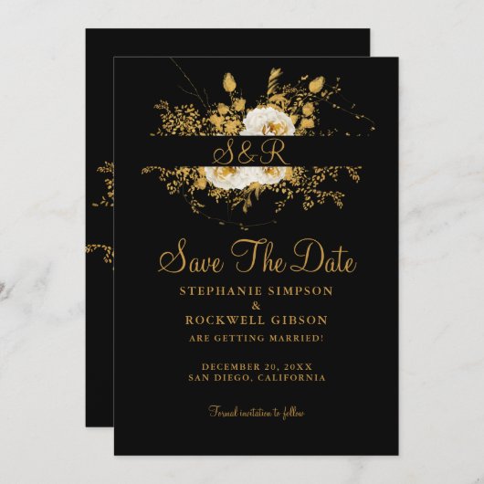 Gold Monogram op Black Bride Groom Name Weddenscha Save The Date (Voorkant / Achterkant)