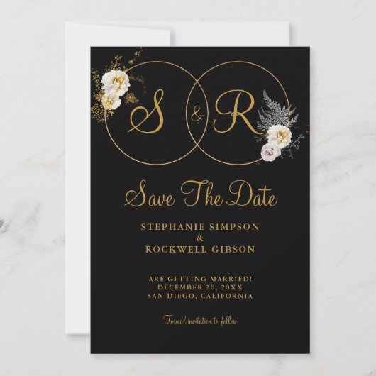 Gold Monogram op zwarte naam Initiaal bruiloft Save The Date (Voorkant)