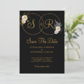 Gold Monogram op zwarte naam Initiaal bruiloft Save The Date (Staand voorkant)