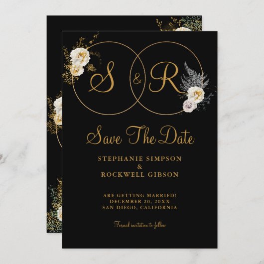 Gold Monogram op zwarte naam Initiaal bruiloft Save The Date (Voorkant / Achterkant)