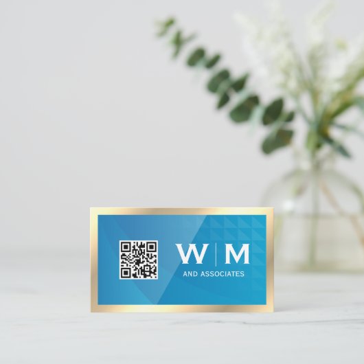 Gold Monogram | QR-code | Blauw Geometrisch Visitekaartje (Staand voorkant)
