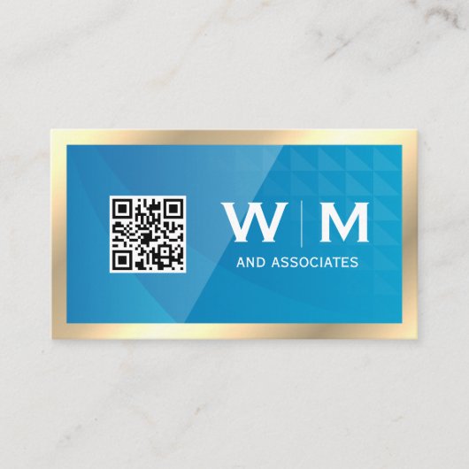 Gold Monogram | QR-code | Blauw Geometrisch Visitekaartje (Voorkant)
