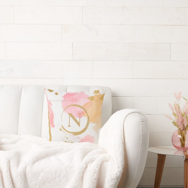 Gold Monogram Roze Peach Modern Abstract Kussen (Bank)