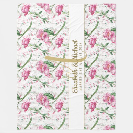 Gold Monogram roze pony's Groene bladeren Passen g Fleece Deken (Voorkant)