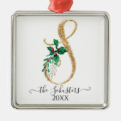 Gold Monogram S Glitter Kerstmis Holly Foliage Metalen Ornament (Voorkant)