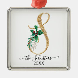 Gold Monogram S Glitter Kerstmis Holly Foliage Metalen Ornament