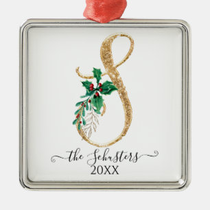 Gold Monogram S Glitter Kerstmis Holly Foliage Metalen Ornament