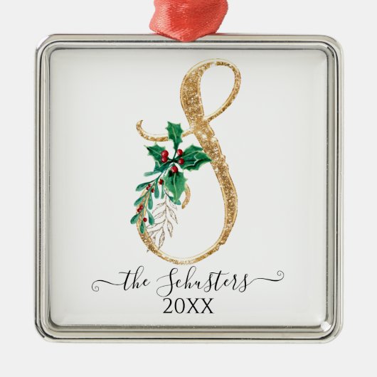 Gold Monogram S Glitter Kerstmis Holly Foliage Metalen Ornament (Voorkant)