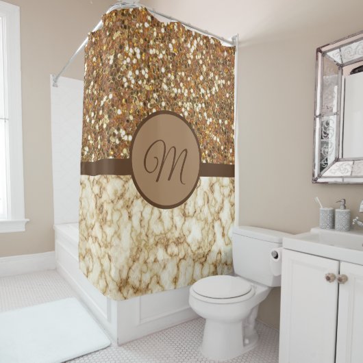 Gold Monogram Shower Luxury Curtains Marble Douchegordijn (In situ)