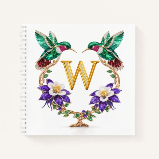 Gold Monogram W Hummingbird Jeweled Wedding Gift Notitieboek (Voorkant)