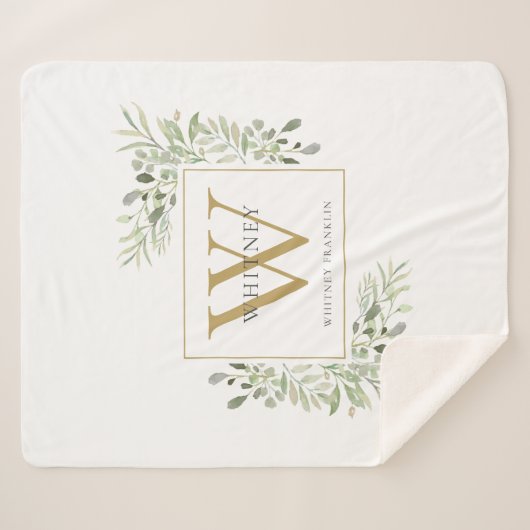 Gold Monogram Waterverf Floral Sherpa Deken (Voorkant (horizontaal))