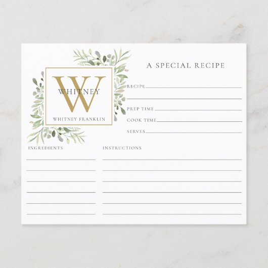 Gold Monogram Waterverf Greenery Receptenblad (Voorkant)