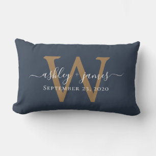 Gold Monogram WeddenDatum Donkerblauw Kussen