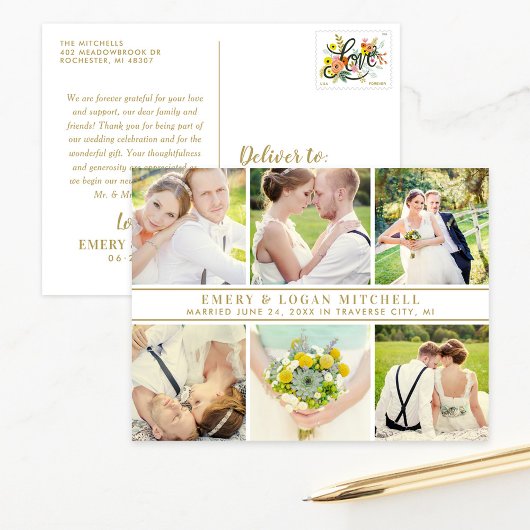 Gold Monogram Weddenfoto Collage Hartelijk dank Briefkaart