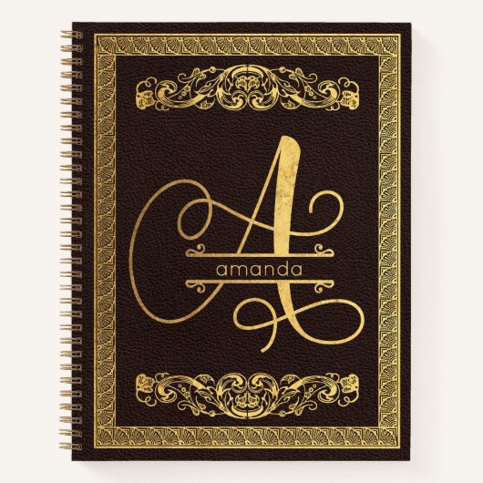 Gold Monogramed Letter A op donker bruin leder Notitieboek (Voorkant)