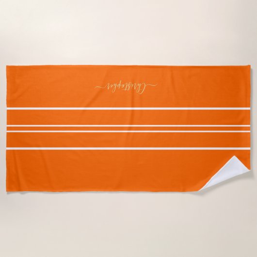 Gold Monogrammed Oranje White Racing Stripes Pool Strandlaken (Voorkant)