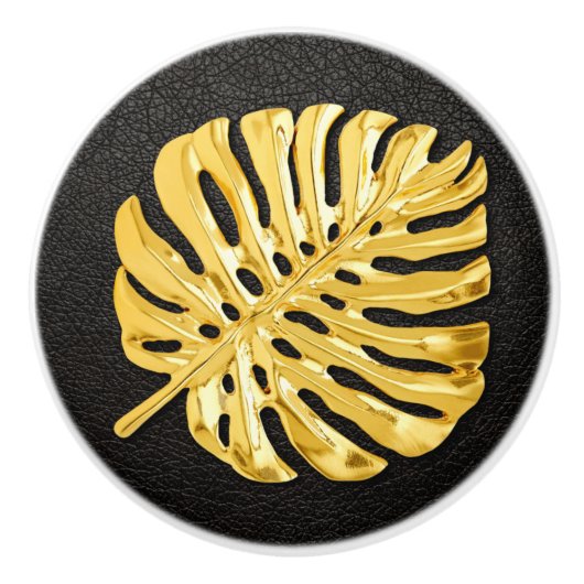Gold Monstera Keramische Knop (Voorkant)