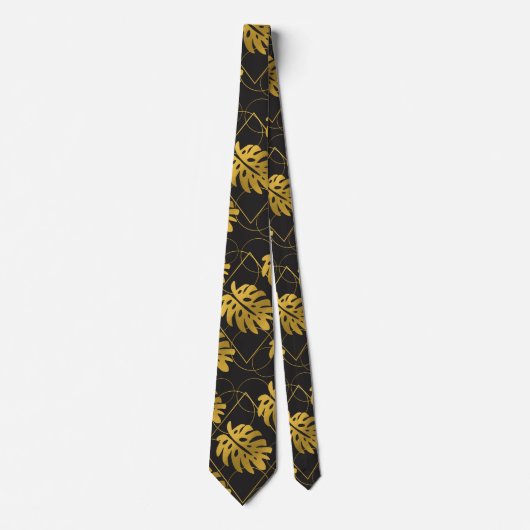 Gold Monstera Leaves Pattern op Black Stropdas (Voorkant)