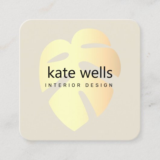 Gold Monstera Tropical Leaf Interior Decorator Vierkante Visitekaartje (Voorkant)